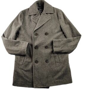 Claiborne Peacoat Mens Small Gray Glen Plaid Wool Notch Lapel Double Breasted